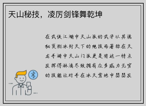天山秘技，凌厉剑锋舞乾坤