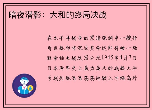 暗夜潜影：大和的终局决战