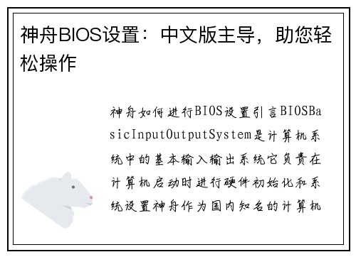 神舟BIOS设置：中文版主导，助您轻松操作