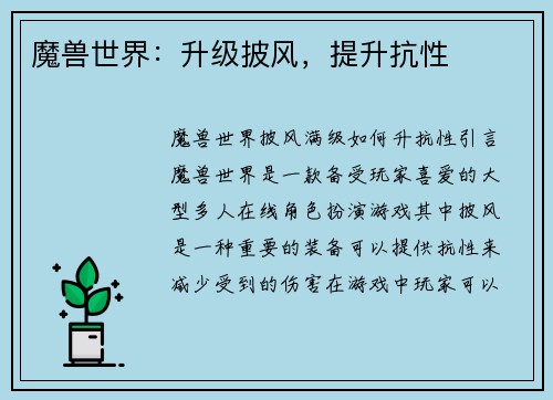 魔兽世界：升级披风，提升抗性