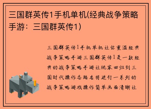 三国群英传1手机单机(经典战争策略手游：三国群英传1)